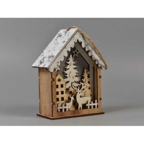Fa házikó ledes szarvassal 12×9cm