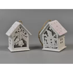 Fa házikó ledes harang, hóember 7,5×5cm csillogó fehér