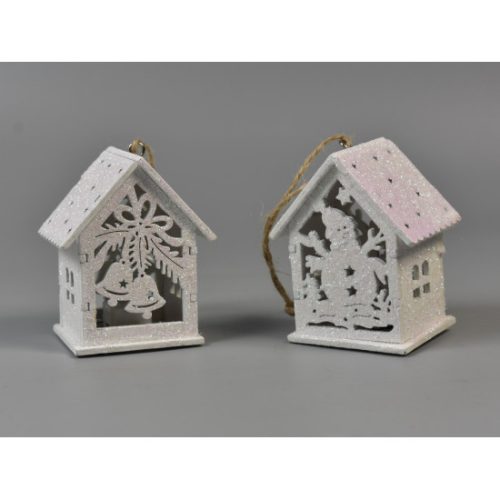 Fa házikó ledes harang, hóember 7,5×5cm csillogó fehér