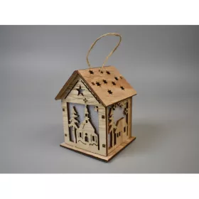 Fa házikó ledes 9x7x7cm templom mintás natúr