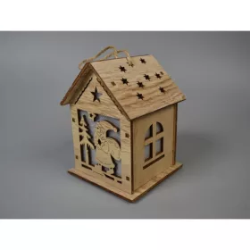 Fa házikó ledes 9x7x7cm mikulás mintás natúr
