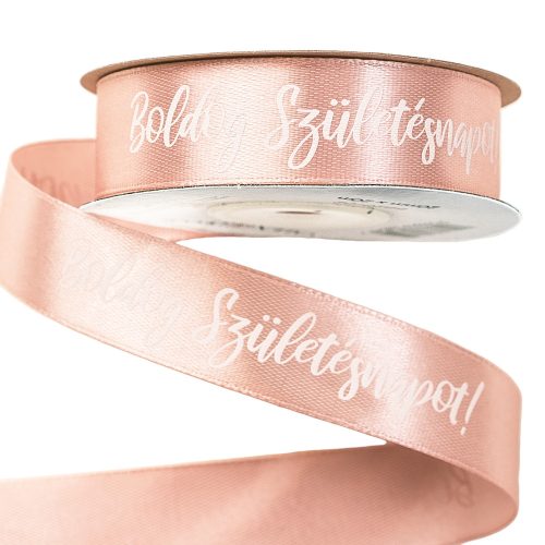 "Happy Birthday!" satin ribbon with inscription 20mm x 20m - Powder beige