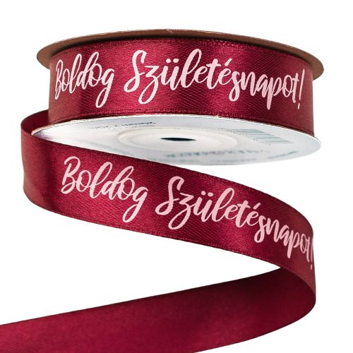 "Happy Birthday!" labeled satin ribbon 20mm x 20m - Burgundy