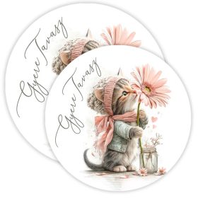   Nyomtatott fa tábla koszorú közép - Gyere tavasz cicás 14.8 cm