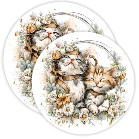 Nyomtatott fa tábla koszorú - közép 2 cicás 11.8 cm