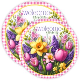   Nyomtatott fa tábla koszorú közép - Welcome Spring 14.8 cm