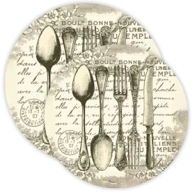   Nyomtatott fa tábla koszorú közép - Vintage evőeszköz 11.8 cm