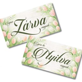   Nyomtatott fa tábla - Zárva-Nyitva 24,3x13cm - pasztell tulipános