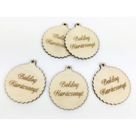   Natúr fa - "Boldog Karácsonyt" fodros gömb nagy 5db/csomag