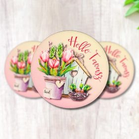   Nyomtatott fa tábla - Hello Tavasz - tulipános, kör 3db/cs