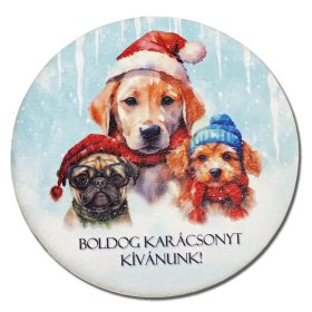   Nyomtatott fa tábla koszorú közép - Boldog karácsonyt kutyusos 14,8cm