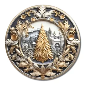 Nyomtatott fa tábla koszorú közép - Arany fenyő 11,8cm