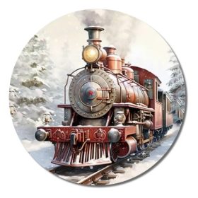   Nyomtatott fa tábla koszorú közép - Karácsonyi vonat 14,8cm