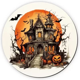   Nyomtatott fa tábla koszorú közép - Halloween kastély 11,8cm