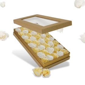   Prémium szappanrózsa szelence átlátszó tetejű natur dobozban, krém-fehér rózsával