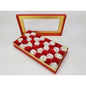   Prémium szappanrózsa szelence átlátszó tetejű piros dobozban, piros - fehér