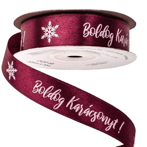 "Merry Christmas!" labeled satin ribbon 20mm x 20m - Burgundy