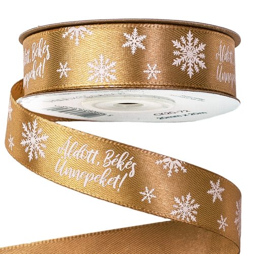 "Blessed, Peaceful, Holidays!" satin ribbon with inscription 20mm x 20m - Golden brown