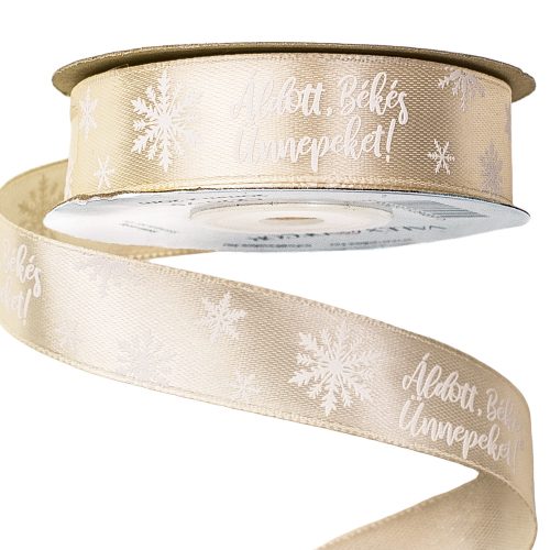 "Blessed, Peaceful, Holidays!" satin ribbon with inscription 20mm x 20m - Champagne