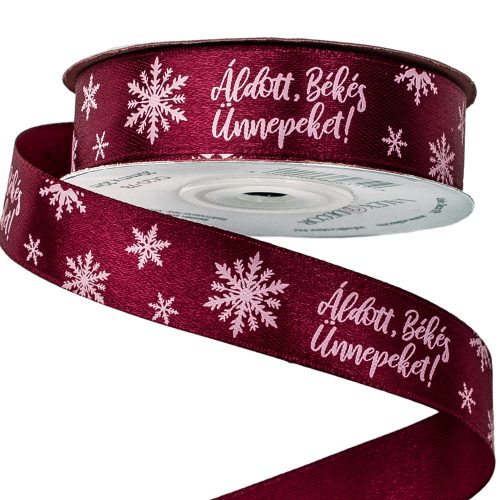 "Blessed, Peaceful, Holidays!" labeled satin ribbon 20mm x 20m - Burgundy