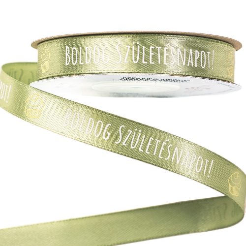 "Happy Birthday!" satin ribbon with inscription 12mm x 20m - Vintage green