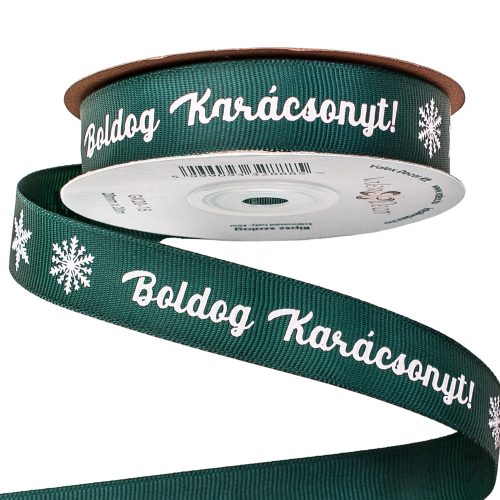 "Boldog Karácsonyt!" feliratos ripsz szalag 20mm x 20m - Sötétzöld