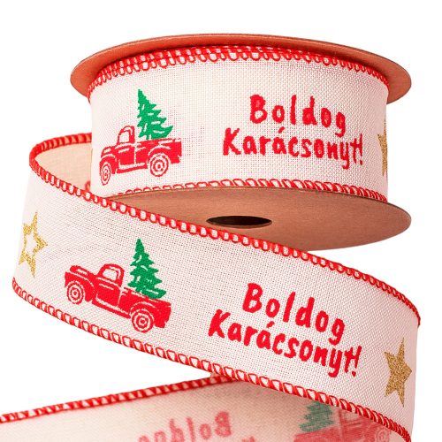 Retró kocsis dekor szalag "Boldog Karácsonyt!" felirattal, drótos szegéllyel 38mm x 9.1m