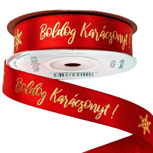 Fényes arany "Boldog Karácsonyt!" feliratos szatén szalag 20mm x 20m - Piros