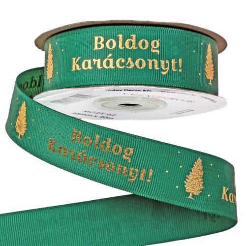 "Boldog Karácsonyt!" feliratos ripsz szalag 25mm x 20m - Zöld