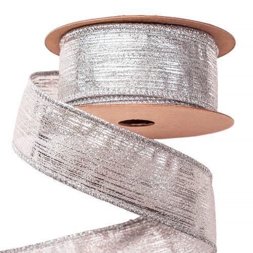 Borneo metallic fabric ribbon with wire border 38mm x 9.1m - Silver