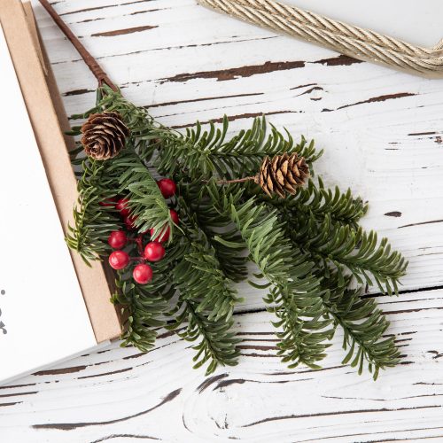 Tobozos bogyós fenyőág, 38cm magas - Zöld