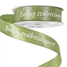   "Boldog Születésnapot!" feliratos szatén szalag 20mm x 20m - Mohazöld
