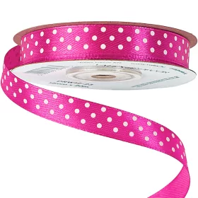   Fehér pöttyös szatén szalag 12mm x 20m - Sötét rózsaszín