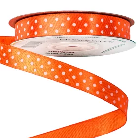   Fehér pöttyös szatén szalag 12mm x 20m - Sötét narancssárga