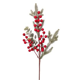   Téli dekorág piros bogyókkal, fenyővel és eukaliptusz levelekkel, 49 cm magas