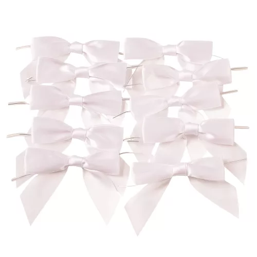 Szatén szalag masni, kb. 9 x 7cm, burkolt rögzítő dróttal a hátulján, 10db. - Fehér