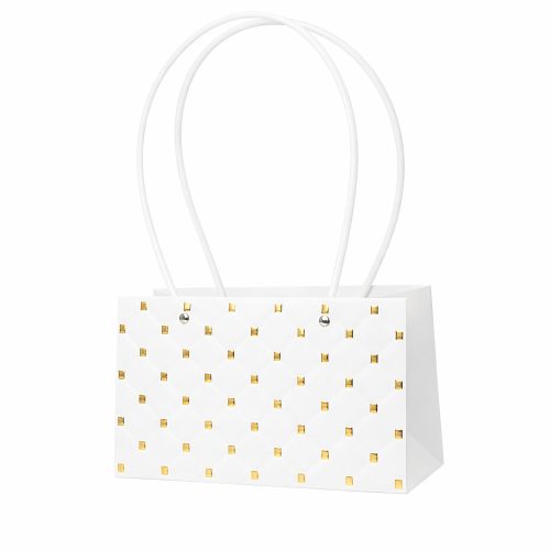10db. dombornyomott virág-ajándék táska 22(h) x 10.5(sz) x 13.5(m) cm - Fehér/Arany