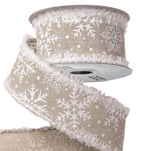 Fluffy edge snowflake ribbon with wire edge 38mm x 6.4m - Natural