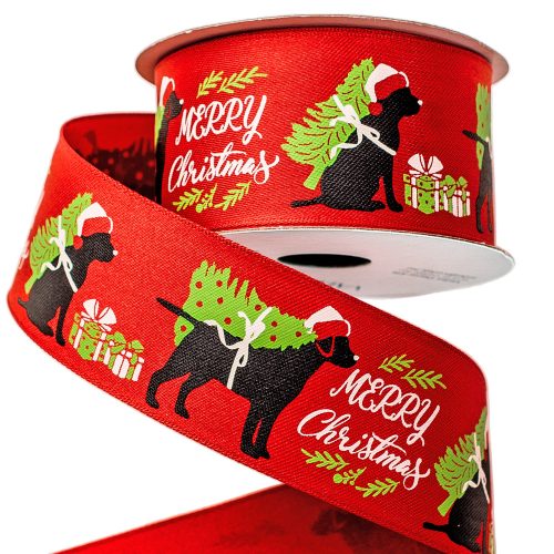 Dog Christmas ribbon "Merry Christmas" with wire border 38mm x 6.4m - Red