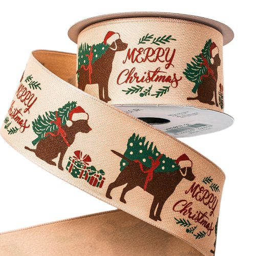 Dog Christmas ribbon with "Merry Christmas" lettering, wire border 38mm x 6.4m - Beige